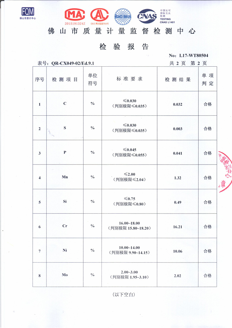 正佳不锈钢检测报告